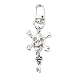 Halloween Skull & Key Alloy Pendant Decorations, Swivel Clasp Charms for Bag Ornaments