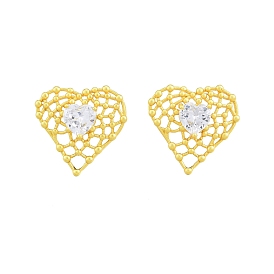 Clear Glass Heart Stud Earrings, Rack Plating Brass Jewelry for Women, Nickel Free