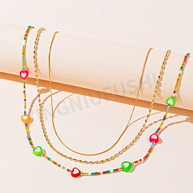 Colorful Glass Bead Necklace Set - Vintage Metal Bead Collar Chain - Versatile