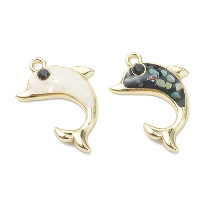 Alloy Enamel Pendants, with Shell Beads and Rhinestone, Dolphin, Light Gold