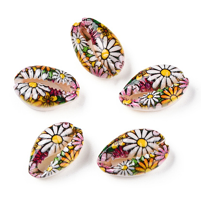 Flower Printed Cowrie Shell Beads, No Hole/Undrilled