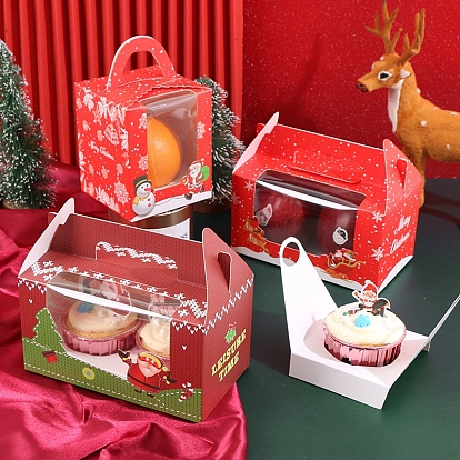 Rectangle Paper Bakery Bakery Boxes with Clear Window and Handle, Christmas Theme Gift Box, for Mini Cake, Cupcake, Cookie Packing