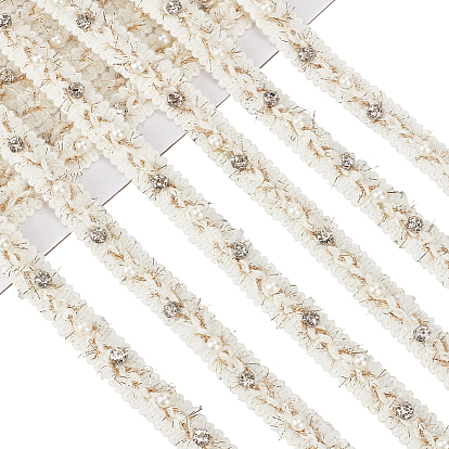 5 mètres de rubans de dentelle en polyester, avec perles en plastique imitation perles et strass, avec carte d'affichage en carton 1pc