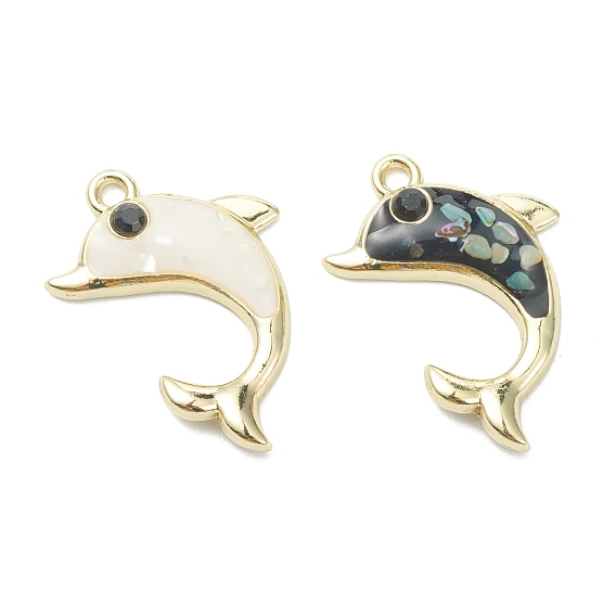 Alloy Enamel Pendants, with Shell Beads and Rhinestone, Dolphin, Light Gold