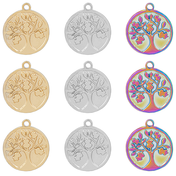 18 шт. 3 цвета 304 подвески из нержавеющей стали, плоские круглые с дерева жизни