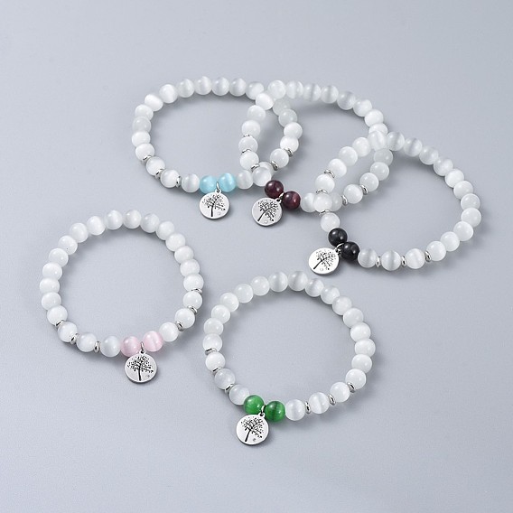 316 хирургические браслеты с подвесками из нержавеющей стали с кубическим цирконием, с круглыми бусинами кошачий глаз и латунными плоскими круглыми бусинами, плоские круглые с дерева жизни