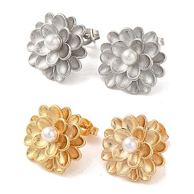 Flower 304 Stainless Steel Stud Earrings, Plastic Imitation Pearl Earrings for Women