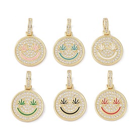 Brass Micro Pave Cubic Zirconia Pendants, Enamel Style, Cadmium Free & Lead Free, Flat Round with Smiling Face, Golden