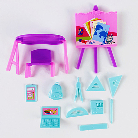 Plastic Teacher Supplies Set, Including Blackboard Schoolbag Laptop Computer Triangle Board and Compasses, for Doll Toy Accessories Supplies