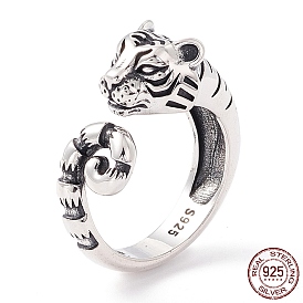 Tiger 925 Sterling Silver Cuff Ring for Women, Adjustable Open Ring Zodiac Tiger Chinese New Year Gift