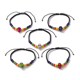 Bracelets de perles tressées en turquoise synthétique teintées rondes de 1 mm, bracelets réglables crâne d'Halloween pour femme