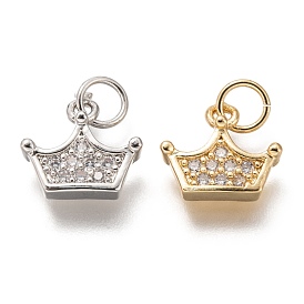 Brass Micro Pave Clear Cubic Zirconia Charms, Long-Lasting Plated, with Jump Ring, Crown