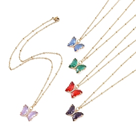 5 pcs 5 colliers pendentifs papillon en verre de couleur sertis de 304 chaînes satellites en acier inoxydable pour femmes