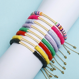 Polymer Clay Heishi Braided Bead Bracelets, Brass Tube Beads Adjustable Bracelet