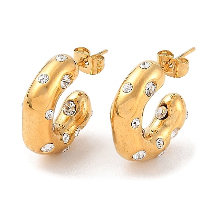 Ion Plating(IP) 304 Stainless Steel Round Stud Earrings with Rhinestones, Half Hoop Earrings for Women