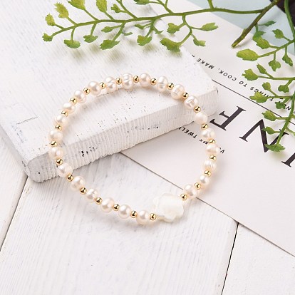 Natural Pearl Stretch Beaded Bracelets, with Golden Plated Brass Beads and Flower Natural Shell Beads