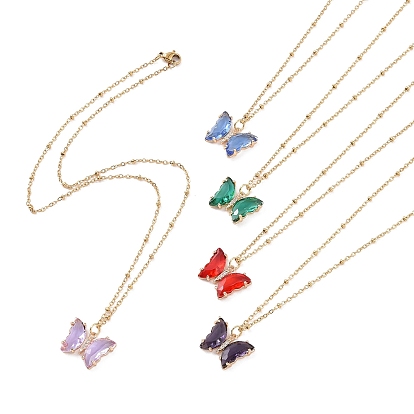 5Pcs 5 Color Glass Butterfly Pendant Necklaces Set with 304 Stainless Steel Satellite Chains for Women