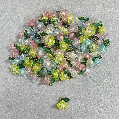 120Pcs Acrylic Pendants, Flower Charms, with Brass Findings
