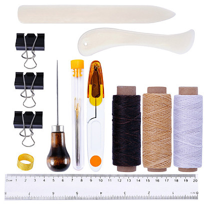 Bookbinding Tools Kits, Including Waxed Cotton Thread, Plastic Paper Creaser, Sewing Needles, Sewing Needle Storage Box, Awl, Thimble Ring, Scissors, Ruler, Binder Clips
