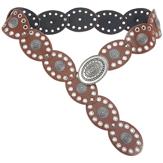 Винтажные овальные пояса из сплава и искусственной кожи с монетовидными ремешками, античное серебро