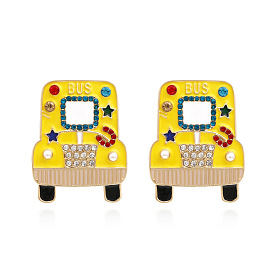 Sparkling Cartoon Bus Earrings: Bold Alloy Studs with High-Quality Gems