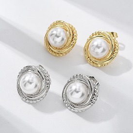 Латунь серьги, с ABS имитации жемчуга, без свинца и без кадмия, долговечный, стойки покрытие, полукруглый