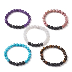 Round Natural Lava Rock & Gemstone Beaded Streth Bracelets