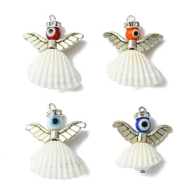 4Pcs 4 Colors Alloy Spiral Shell Pendants, Evil Eye Lampwork Angel Charms with Round Shell Pearl