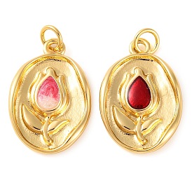 Rack Plating Brass Pendants, with Enamel and Jump Ring, Long-Lasting Plated, Oval with Flower Charm, Real 18K Gold Plated