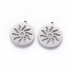 201 Stainless Steel Pendants, Manual Polishing, Flat Round with Sun