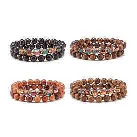 Natural Wood Round Beads Stretch Bracelets Set, Natural Lava Rock & Non-magnetic Synthetic Hematite Beads Energy Power Bracelets for Women