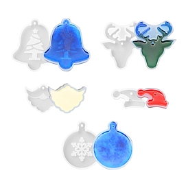 5Pcs 5 Style Pendant Silicone Molds, Resin Casting Molds, For UV Resin, Epoxy Resin Jewelry Making, Christmas Reindeer/Stag & Mustache & Hat & Snowflake & Bell