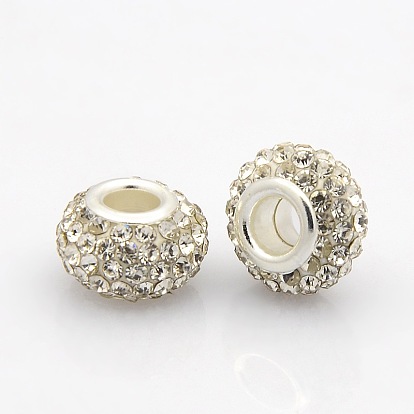 Resin Rhinestone European Beads, Grade A, Large Hole Rondelle Beads, with Silver Color Plated Brass Double Cores, 12x9mm, Hole: 4mm