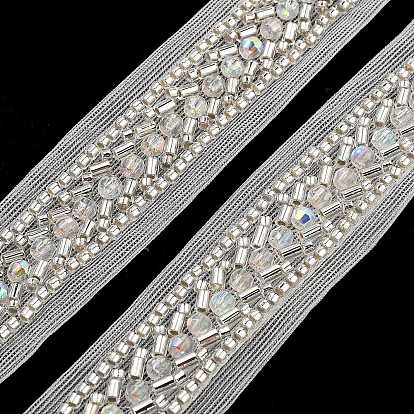 Polyester Lace Trims, with ABS Imitation Pearl Beads and Glass