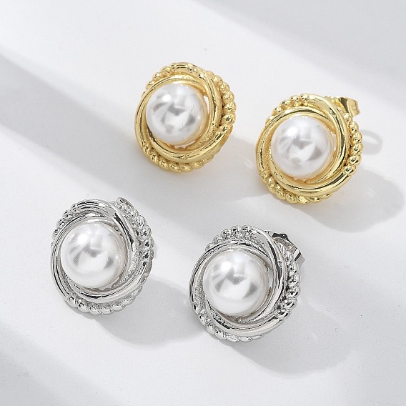 Латунь серьги, с ABS имитации жемчуга, без свинца и без кадмия, долговечный, стойки покрытие, полукруглый