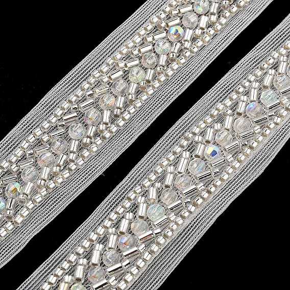 Polyester Lace Trims, with ABS Imitation Pearl Beads and Glass