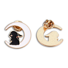 Moon with Rabbit Shape Enamel Pin, Light Gold Plated Alloy Cartoon Badge for Backpack Clothes, Nickel Free & Lead Free