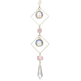 Brass Rhombus Hanging Suncatchers, Glass Round & Cone Charms and Electroplated Natural Quartz Beads for Home Window Ornaments