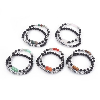 Bracelets extensibles en pierres naturelles mélangées et perles d'agate noire naturelles, avec des non-magnétiques perles synthétiques d'hématite
