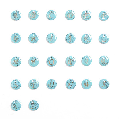 Synthetic Turquoise Charms, with Plastic Letter, Flat Round
