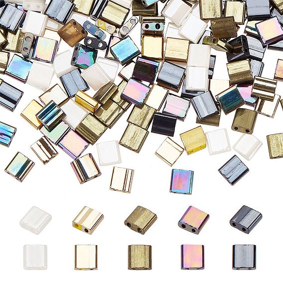500шт 5 стиль 2-отверстие непрозрачные/гальванизированные стеклянные бусины, lustered, квадратный