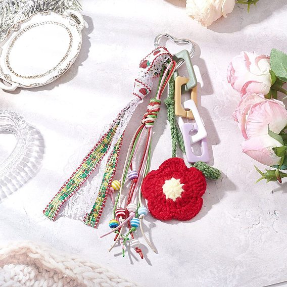 Подвесные украшения в виде цветов из шерстяной пряжи ручной работы, с вощеным полиэстеровым шнуром и акриловой цепочкой, Алюминиевые застежки в форме сердца для украшений сумок