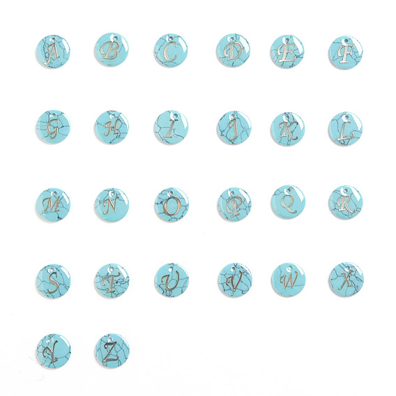 Synthetic Turquoise Charms, with Plastic Letter, Flat Round
