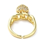 Rack Plating Brass Cubic Zirconia Open Cuff Rings, Heart Charm Ring, Cadmium Free & Lead Free