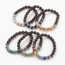 Bracelets élastiques de pierres précieuses naturelles, avec des perles de bois de santal naturelles et des perles d'espacement tibétaines