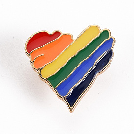 Alloy Enamel Brooches, Enamel Pins, with Brass Butterfly Clutches, Rainbow Heart, Cadmium Free & Nickel Free & Lead Free, Light Gold