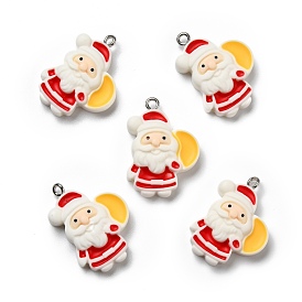 Opaque Resin Pendants, with Platinum Tone Iron Loops, Christmas Theme, Santa Claus with Bag