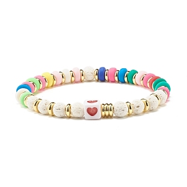 Heart Pattern & Heishi Beads Stretch Bracelets for Women, Natural Lava Rock Beads Bracelet