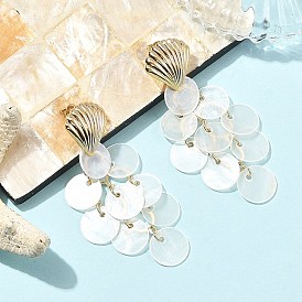 Boucles d'oreilles puces en acier inoxydable et nacre de capiz, forme coquille, Boucles d'oreilles en laiton balancent, or