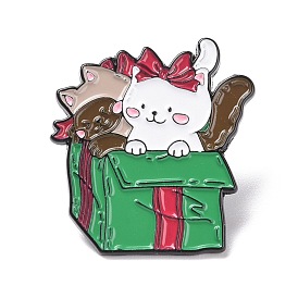 Cat and Gift Box Enamel Pin, Cartoon Alloy Badge for Backpack Clothes, Electrophoresis Black